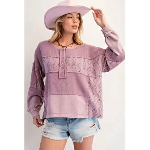 Size 1X Easel Waffle Knit Cotton Floral Top in Vintage Mauve